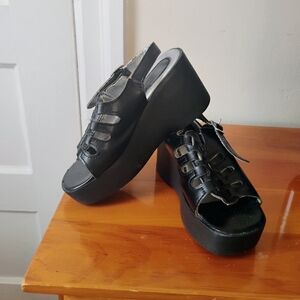 Source Unknown Black Platform Slingback Wedge Sandals